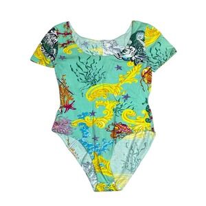 VTG Christian Llinares 90s Sea Print‎ Bodysuit sz 42 US 10 Mint Green Maximalist